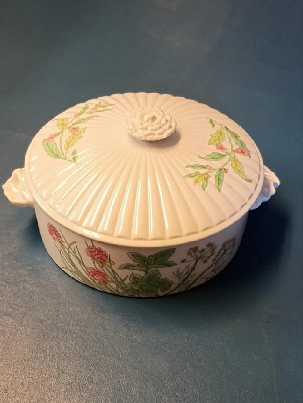 Vintage Shafford White Ceramic Covered Casserole Dish -Herbs & Spice 1970